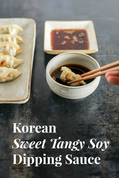 Korean Sweet Tangy Soy Dipping Sauce Recipe - Pair it with your next Korean pancakes or Korean dumplings | MyKoreanKitchen.com Soy Dipping Sauce, Soy Sauce Recipe, Koreansk Mad, Korean Dumplings, Korean Kitchen, Korean Food Recipes, Dipping Sauces Recipes, Asian Sauce, Korean Cooking