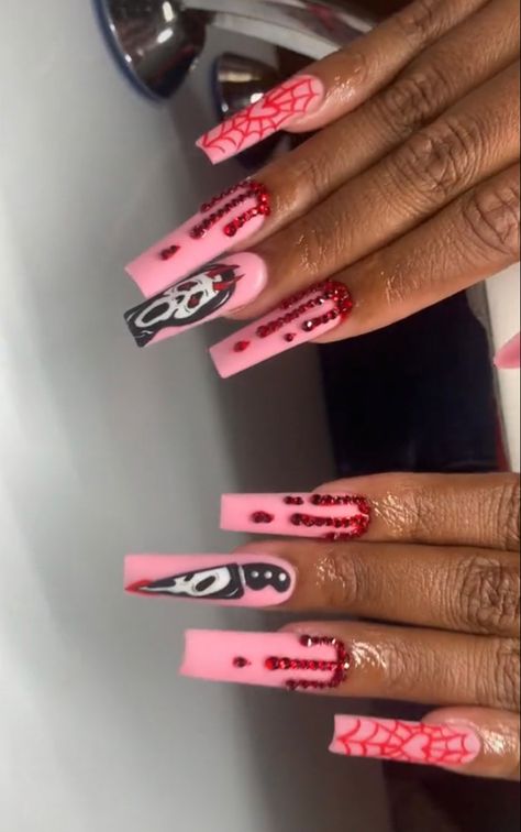 Pink And Red Halloween Nails, Ghostface Valentine Nails, Rhinestone Halloween Nails, Ghostface Nails Pink, Scream Valentine Nails, Ghost Face Nails Pink, Pink Ghost Face Nails, Ghostface Nails Acrylic, Pink Ghostface Nails