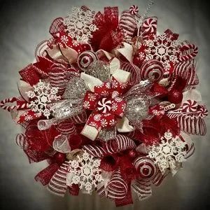 Handmade | Holiday | Candy Cane Snowflakes Christmas Wreath Large 22 Handmade | Poshmark Christmas Swag Wreaths For Front Door, Silver Wreath Christmas, Candy Christmas Wreath, Ribbon Wreath Tutorial Step By Step, Pool Noodle Wreath Diy, Deco Mesh Ideas, Christmas Deco Mesh Wreaths, Christmas Wreath Mesh, Rustic Christmas Wreaths