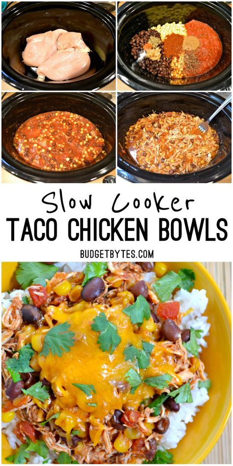 Taco Chicken Bowls are the easiest and most flavorful slow cooker meal you'll ever make. BudgetBytes.com Crockpot Meal Prep, Chicken Taco Bowls, Taco Chicken, Slow Cooker Meal, Chicken Bowls, Pot Recipes Healthy, Easy Crockpot Chicken, Pot Recipes Easy, Slow Cooker Tacos