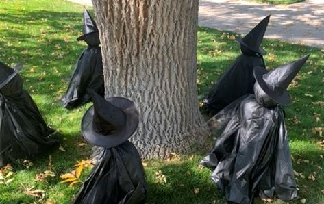 It's not to late to spook up the yard! Make these dancing witches for $8 Dancing Witches Yard Decor, Diy Witches Outdoor Decor, Lawn Witches Diy, Witch Yard Decorations Diy, Outdoor Witch Decor, Bonfire Decorations, Witches Yard Decorations, Yard Witch, Outdoor Halloween Decorating