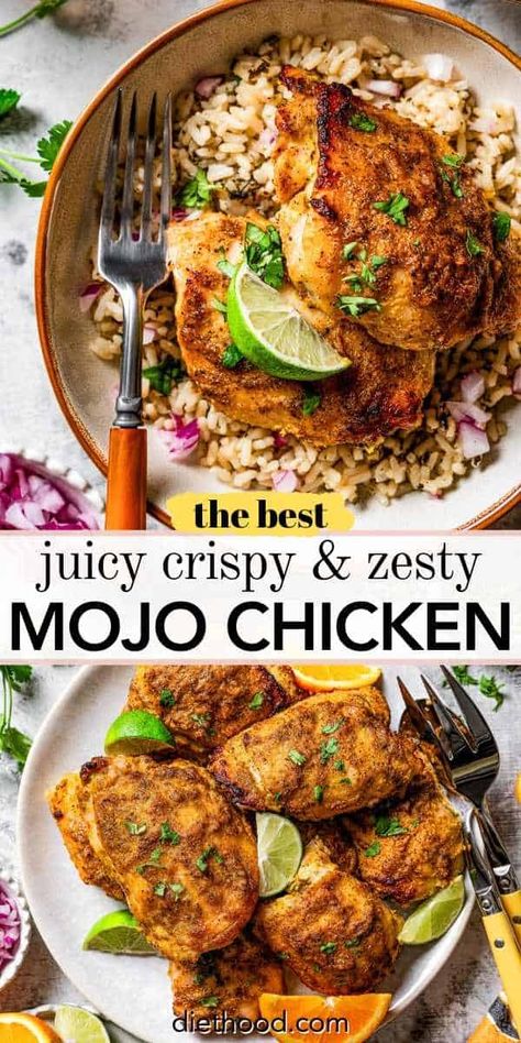 Cuban-inspired Mojo Chicken is bursting with punchy garlic and citrus flavors, baked until perfectly tender and crispy. This easy and delicious chicken dinner is perfect for any night of the week! #mojochicken #chickendinner #mojomarinade Easy Marinated Chicken, Diethood Recipes, Mojo Marinade, Mojo Chicken, Easy Chicken Dinner, Delicious Chicken Dinners, Soy Chicken, Zesty Sauce, Grilled Chicken Thighs