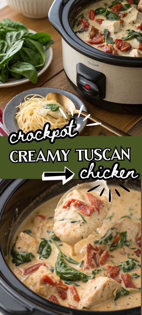 This Crockpot Tuscan Chicken is the ultimate easy dinner! Packed with creamy flavors and tender chicken, this dish will quickly become a staple in your kitchen. The Slow Cooker Creamy Tuscan Chicken is the easiest way to enjoy delicious Tuscan Chicken without spending hours in the kitchen. Perfect for a family meal! Slow Cooker Creamy Tuscan Chicken, Crockpot Tuscan Chicken Recipes, Creamy Tuscan Chicken Crockpot, Tuscan Chicken Crockpot, Creamy Tuscan Chicken Soup, Crockpot Tuscan Chicken, Slow Cooker Tuscan Chicken, Chicken Recipe Slow Cooker, Tuscan Chicken Soup