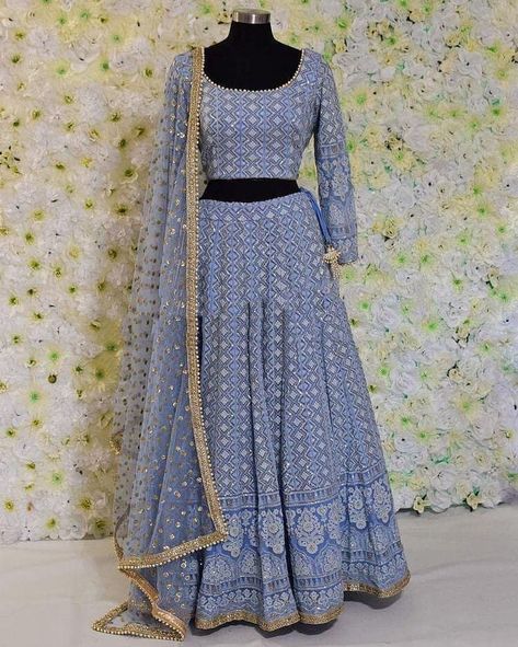 Lakhnavi Lehenga Choli, Saree Bride, Indian Wedding Bridesmaids, Chikankari Lehenga, Off White Designer, Choli Dress, Simple Lehenga, Lehenga Designs Simple, Blue Lehenga