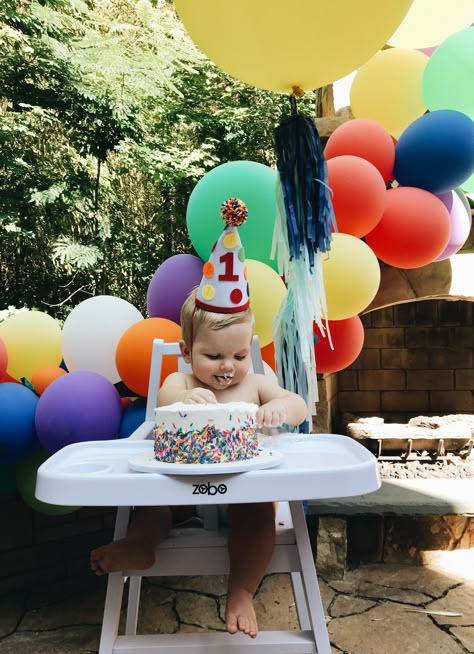 Here Comes The One Birthday, Birthday Decorations 1 Year, Simple Second Birthday, 1st Birthday Simple, First Birthday High Chair Decoration, Drinks Bucket, Colorful 1st Birthday, High Chair Decorations, One Is Fun