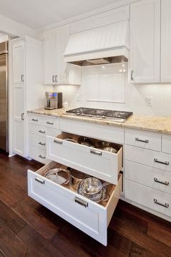 Pots & pans storage drawers under cooktop. - Afton, Minnesota - Kitchen - traditional - kitchen - minneapolis - Sawhorse Designers & Builders Functional Kitchen Design, Kitchen Cabinet Drawers, Design Your Kitchen, Wall Kitchen, White Kitchen Design, Drawer Design, Transitional Kitchen, Open Concept Kitchen, Kitchen Drawers