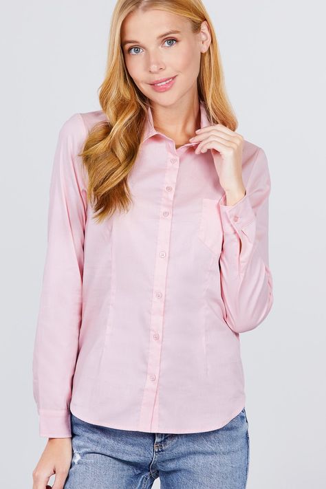 Button Down Woven Shirts - J NILLY Pink Blouses, Basic Clothes, Fashion Forward Outfits, Princess Line, Pink Olive, Pink Outfits, Shirt Sale, Side Pocket, Modest Fashion