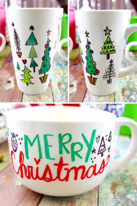 Festive DIY Christmas Mugs That Make Beautiful Gifts For The Holidays - World inside pictures Christmas Mugs Diy, Christmas Mug Ideas, Hand Painted Coffee Mugs, Diy Christmas Mugs, Mug Noel, Diy Sharpie Mug, Sharpie Mugs, Mug Diy, Christmas Coffee Mugs