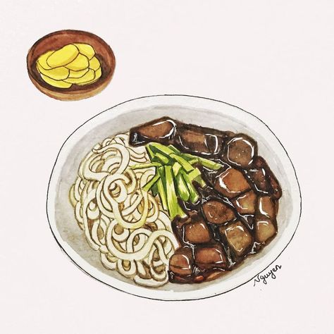 Dish Drawing, Caramelized Pork, Belly Art, Food Artwork, Food Cartoon, Singapore Food, Food Illustration Art, Korean Dishes, Raw Food Diet