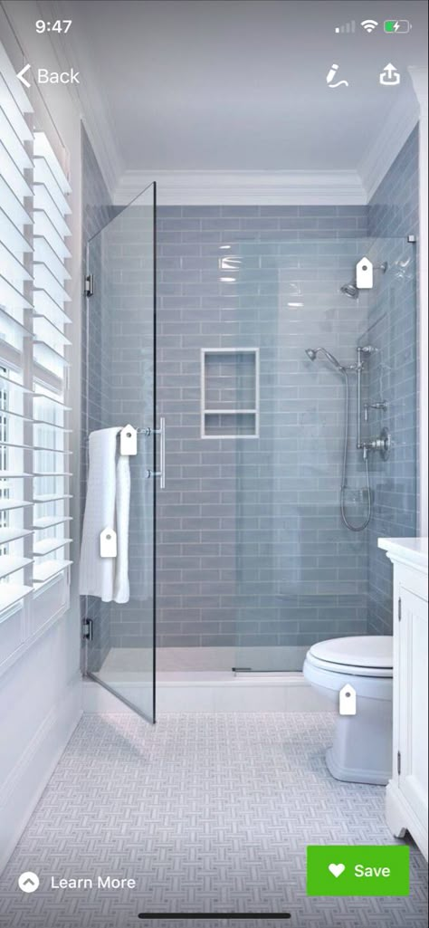 Blue Bathroom Subway Tile, Bathroom With Blue Subway Tile, Gray White Blue Bathroom, Menards Bathroom Remodel, Blue Stone Bathroom, Blue Subway Tile Shower Ideas, Gray Tile Shower Ideas, Baby Blue Bathroom Ideas, Gray Shower Tile Ideas