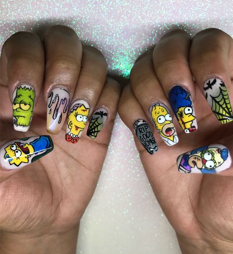 Bart Simpson Nails, Which Nails, Halloween Character Nail Art, Halloween Nails Characters, Cartoon Halloween Nails, The Simpsons Halloween, The Simpsons Nails, Simpsons Nails, Simpsons Halloween