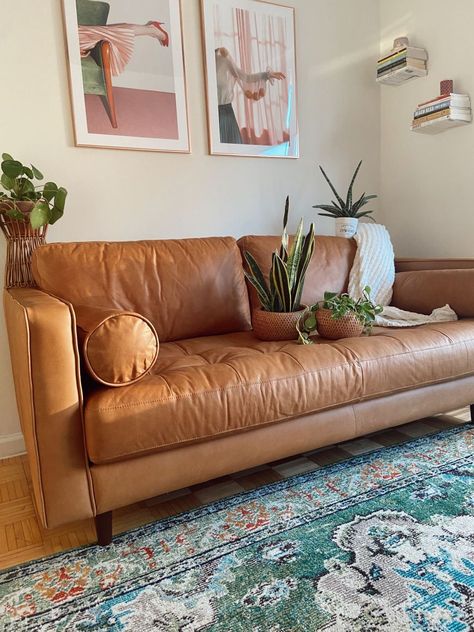 Article Sven Sofa Review: Is It Worth The Influencer Hype? – StyleCaster Sven Couch, Article Sven Sofa, Tan Leather Couch Living Room, Tan Sofa Living Room, Small Apartment Decor Ideas, Small Space Look Bigger, Article Couch, Caramel Leather Sofa, Leather Sofa Decor