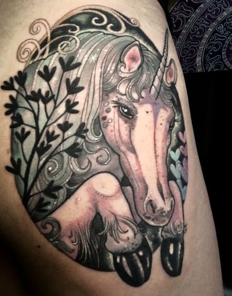 Last unicorn inspired tattoo by the talented Morgan Alynn redmagictattoo Unicorn Tattoo, Unicorn Tattoos, Last Unicorn, Tattoos, Animals