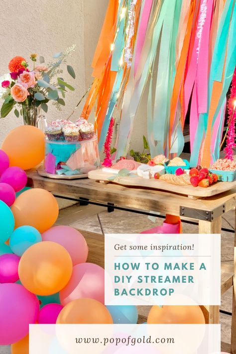 How to Make a DIY Streamer Backdrop from 99 Cent Streamers - Pop of Gold Metallic Fringe Backdrop, Diy Streamer Backdrop, Backdrop Bachelorette Party, Tissue Fringe Garland, Baby Shower Games For Large Groups, Olympic Theme Party, Diy Streamers, Fringe Garland, Guys 21st Birthday