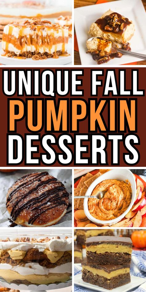 Delicious fall pumpkin desserts for a crowd Mini Pumpkin Cheesecake Recipes, Dessert Recipes With Pumpkin, Fall Pumpkin Desserts, Unique Fall Desserts, Unique Thanksgiving Desserts, Dessert Recipes For A Crowd, Cookies Unique, Fall Bread, Pumpkin Dessert Recipes