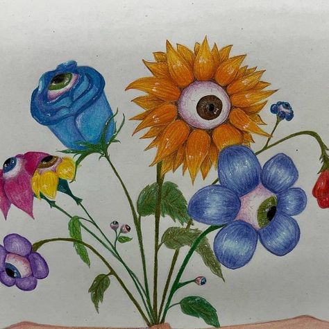 Surreal Flower Painting, Eye Flowers Drawing, Watching Eyes Art, Flower Eyes Drawing, Flowers With Eyes Drawing, Eye Flower Drawing, Eyes In Flowers, Surrealism Painting Ideas, Eyes Surrealism