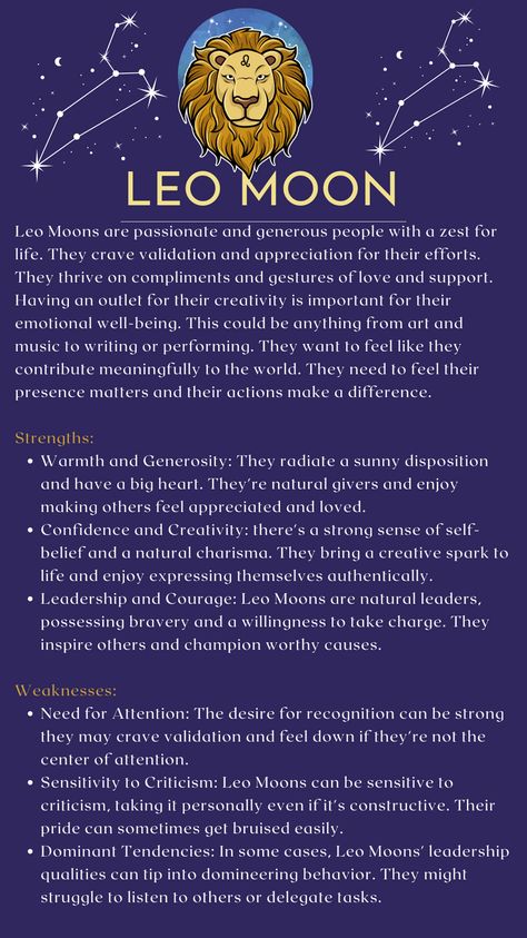 Dive into the realm of Leo Moon as we uncover its distinctive needs, strengths, and vulnerabilities. Explore the fiery passion and dramatic flair on our blog, where we dissect the nuances of Moon in fire signs. Discover how this placement ignites emotions and instincts, leading you on a journey of self-expression and creativity.  #LeoMoon #Astrology #Zodiac #FireSigns #EmotionalNeeds #StrengthsAndWeaknesses #MoonSigns #SelfExpression #Creativity Leo Moon Aesthetic, Leo Moon Sign, Pisces Leo, Leo Moon, Loyal Person, Pisces And Leo, Leo And Taurus, Sagittarius Moon, Leo Girl