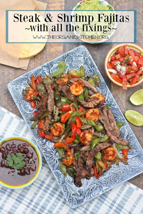 Steak and Shrimp Fajitas with all the Fixings! Paleo and Whole 30 Version Mexican Favorites, Dinner Board, Shrimp Fajitas, Steak And Shrimp, Bariatric Eating, Organic Kitchen, Fajita Recipe, Low Carb Breakfast Recipes, Dinner Entrees