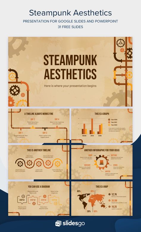 Discover the Steampunk style, the gears and pipes with this retrofuturistic Google Slides theme and PowerPoint template for your presentation, 100% free! Engineering Powerpoint Template, Aesthetic Google Slides, Cute Powerpoint Templates, Moody Style, Presentation Slides Design, Steampunk Aesthetic, Powerpoint Slide Designs, Presentation Design Layout, Slides Design