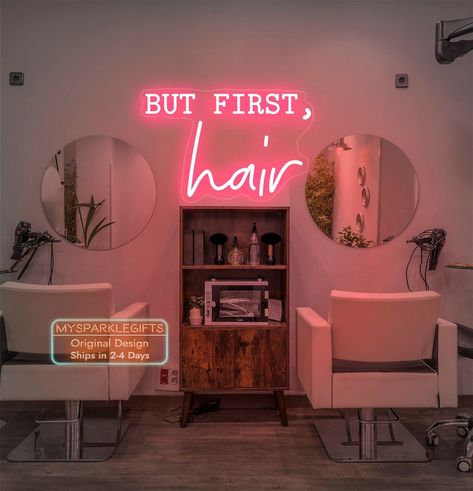 Original but First Hair Neon Sign Custom Hair Salon Neon Light Modern Salon Neon Wall Decor Aesthetic Salon Neon Wall Hanging Business Decor - Etsy Hanging Lights For Salon, I’m Home Hair Salon Ideas, Peach Salon Decor, Hair Salon Ideas Pink, Hairstylist Suite Decor, Salon Suite Decor Pink, At Home Hair Studio, Hair Stylist Room Decor, Mid Century Modern Salon Suite