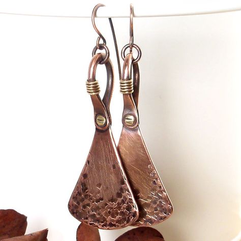 Cooper Jewelry, Metal Earrings Handmade, Rivet Jewelry, Handmade Copper Jewelry, Copper Jewellery, Rustic Earrings, Mixed Metal Earrings, Handmade Jewelry Earrings, Wire Sculpture