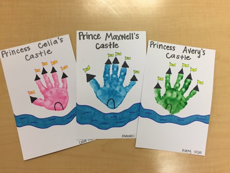 Prince/Princess Castle - Preschool Artwork - Handprint -Easy Kings And Queens Theme Preschool Activities, Castle Art For Preschoolers, Prince And Princess Art For Kids, Handprint Castle Craft, Princess And Prince Activities Preschool, Kings And Queens Crafts Preschool, Disney Art Ideas For Preschool, Fairy Tail Art For Preschool, Preschool Princess Crafts