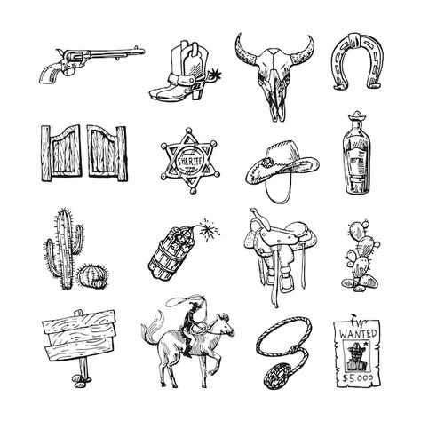 Premium Vector | Beautiful hand drawn set of illustration wild west Cartoon style cowboy Country Doodles Easy, Wild West Graphic Design, Western Symbols, Western Illustration, Cowboy Illustration, Digital Downloads Printables, Wild Wild West, Logo Psd, Free Business Card Mockup