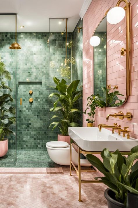 Green pink bathroom Pink Tiled Bathroom, Green And Pink Bathroom, Baie Vintage, Dekorere Bad, Green Tile Bathroom, Tiled Bathroom, Pink Tiles, Bathroom Design Decor, Bathroom Inspiration Decor