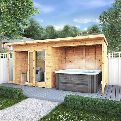 Summer House Ideas, Garden Summer House, Hot Tub Shelters, Wooden Summer House, Backyard Spa, Bright Interior, Hosting Friends, Summer House Garden, Garden Retreat