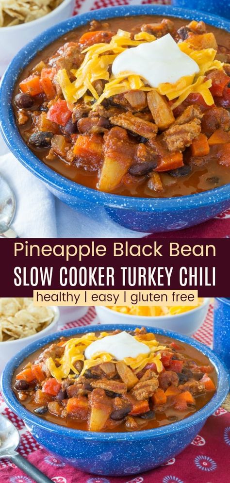 Pineapple Black Bean Slow Cooker Turkey Chili - this easy crockpot recipe is a sweet and spicy comfort food dinner from your crockpot. Hearty and healthy because it is made with ground turkey, plus it's naturally gluten free. #chili #crockpot #glutenfree Pineapple Chili Recipe, Slow Cooker Turkey Chili Recipe, Easy Crockpot Chili, Turkey Chili Recipe Crockpot, Crockpot Chili Recipe, Chili Turkey, Easy Chili Recipe Crockpot, Healthy Chili Recipe Turkey, Turkey Chili Crockpot