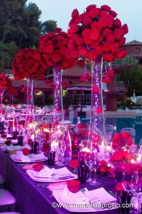 Red And Purple Quinceanera, Purple And Red Wedding Ideas, Wedding Ideas Red And Purple, Red And Purple Birthday Decorations, Red And Purple Wedding Dress, Red And Purple Wedding Decorations, Purple And Red Wedding Theme Decor, Black Red And Purple Wedding, Red And Purple Wedding Theme