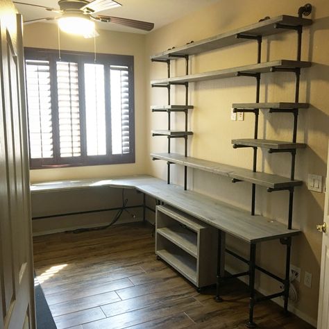 Home Office Corner Shelving Ideas, Long Corner Desk, Industrial Corner Desk, Corner Desk Shelf, Desk With Shelving, Corner Gaming Desk, Building Shelves, Farmhouse Desk, Rolling Storage