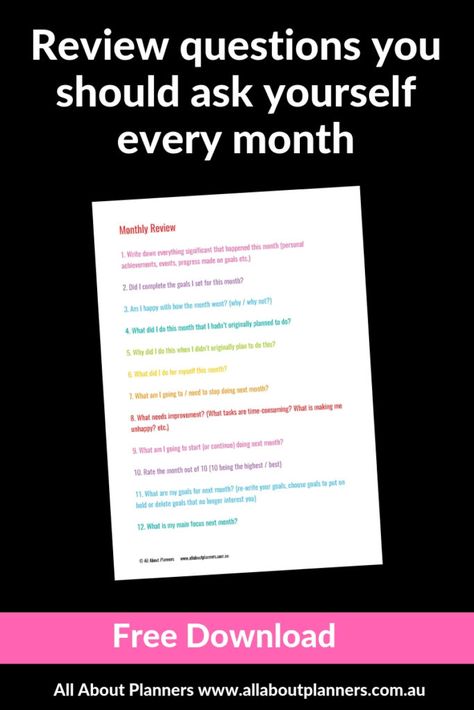 12 Questions to ask yourself at the end of every month (part of my monthly review process) - All About Planners 12 Questions To Ask, Month In Review, Self Evaluation, Project Planner Printable, Organize Life, 12 Questions, Monthly Review, Weekly Review, Planner Review