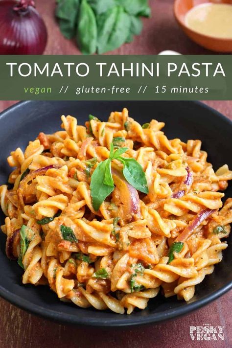 Tahini Pasta Recipe, Vegan Tahini Pasta, Vegan Rotini Pasta Recipes, Tahini Sauce For Noodles, Spicy Tahini Noodles, Tofu Tomato Pasta, Vegetarian Pate, Pasta Recipes For Lunch, Tahini Pasta