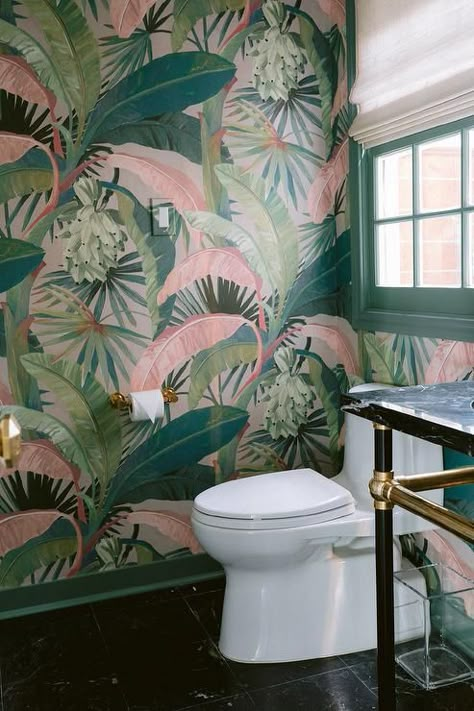 pink and green palm wallpaper x black, gold, and green accents x white roman window shade Palm Print Wallpaper, Wc Decoration, Contemporary Powder Room, Art Deco Style Interior, Powder Room Wallpaper, Tropical Bathroom, Banana Leaf Wallpaper, Palm Leaf Wallpaper, Palm Wallpaper