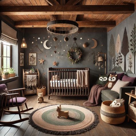 Dark Academia Nursery Ideas, Moody Boy Nursery, Moody Nursery Ideas, Dark Baby Room, Dark Academia Nursery, Dark Nursery Ideas, Rustic Nursery Ideas, Gothic Nursery, Dark Nursery