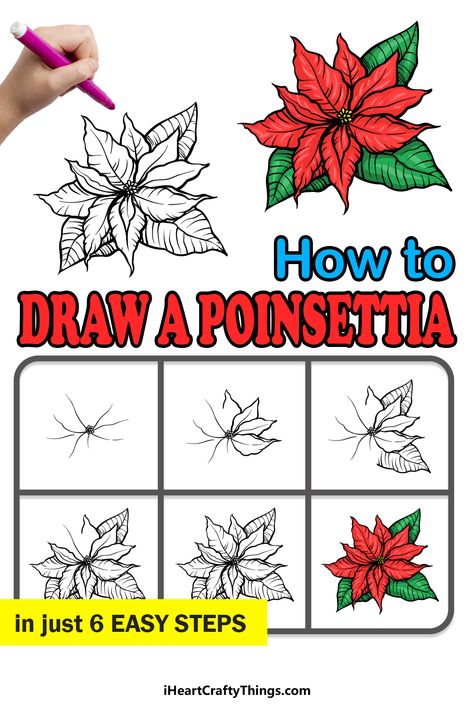 Poinsettia Drawing Simple, How To Draw A Poinsettia Step By Step, How To Draw Poinsettia, How To Paint A Poinsettia Step By Step, Drawing Poinsettia, Poinsettia Painting Acrylic Easy, Easy Poinsettia Painting, Watercolour Pointsettia, Easy Christmas Drawings