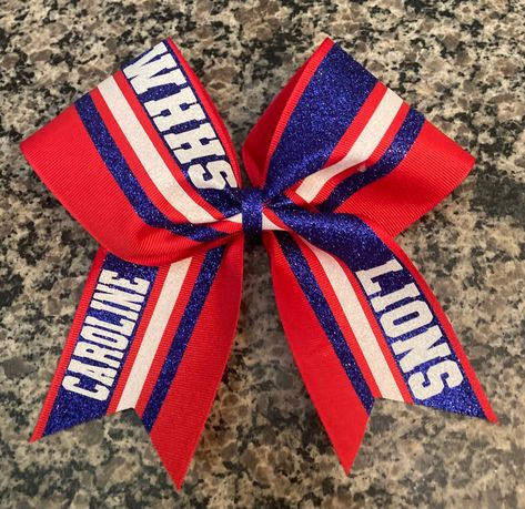 Cheer bow with stripes, custom cheer bows in your team colors and team text, red white and blue cheer bow shown. Gameday cheer and sideline by lovelydesignsbyL on Etsy Cheer Fundraiser, Softball Hair Bows, Softball Hair, Custom Cheer Bows, Blue Cheer, Softball Hairstyles, Cheer Bow, Cheer Bows, Red White And Blue