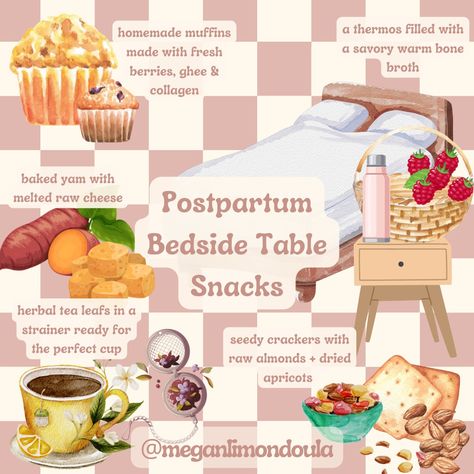 Postpartum Bedside Table Snacks What To Eat Postpartum, Postpartum Food Prep, Third Trimester Snacks, Postpartum Bedside, Postpartum Breakfast, Postpartum Snacks, Table Snacks, Postpartum Prep, Postpartum Nutrition