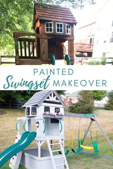 Learn how to restore an old wooden swing set. Head over to the blog for tips on how to paint and reinforce a wooden swing set including the best paint and stain to use. Repaint Playset, Play Set Accessories Outdoor, Paint Playground Set, Wooden Playset Makeover, Playground Remodel, Swing Set Makeover, Playground Makeover, Playset Makeover, Diy Porch Decor