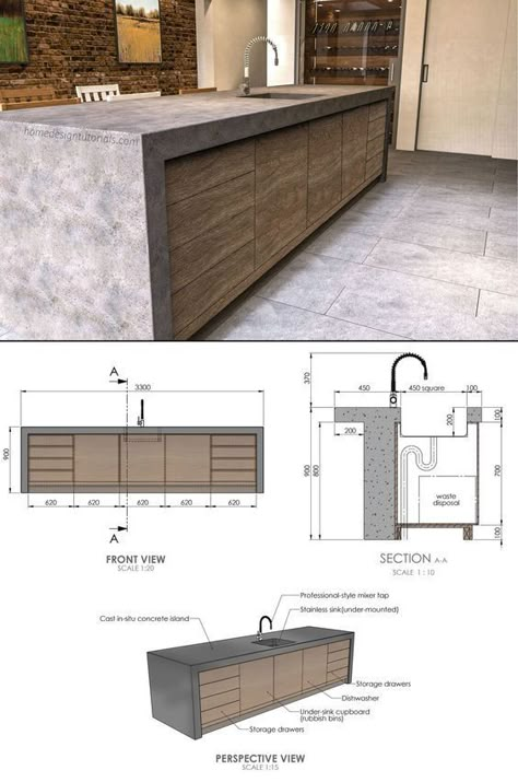 Measurement Plan Architecture, Kitchen Island Plans Layout, Kitchen Section Drawing Interior Design, Polished Concrete Island Kitchen, Kitchen Island Construction Details, Diy Concrete Kitchen Island, Kitchen Island Detail Drawing, Kitchen Island Drawing, Interior Architecture Details