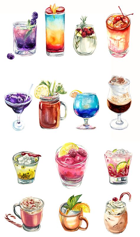 Cocktails on Behance Watercolor Drink Illustration, Drawing Of Drinks, Cocktail Drawing Illustration, Sangria Drawing, Cocktail Sketch, Drinks Drawing, Cocktail Drawing, Drink Drawing, Drinks Illustration