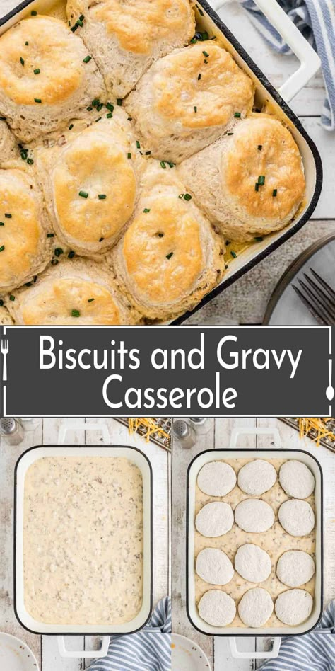 Flaky biscuits and creamy sausage gravy make this easy sausage biscuits and gravy casserole the ultimate comfort food! This easy breakfast casserole recipe is perfect for holiday breakfast and weekend brunch! Gravy Biscuit Breakfast Casserole, Biscuits And Gravy Breakfast Casserole No Eggs, Biscuits And Gravy Breakfast Casserole Frozen Biscuits, Homemade Breakfast Casserole, Frozen Biscuit Casserole, Sausage And Biscuit Recipes, Biscuits And Gravy Bake, Make Ahead Biscuits And Gravy, Biscuits And Gravy For A Crowd