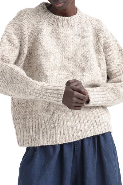 Ichi Antiquites British Eagle Wool Sweater in Oatmeal | Oroboro Store | New York, NY Oatmeal Sweater, Fukuoka Japan, New York New York, Fukuoka, Vintage Knitting, Wool Sweater, Linen Pants, Wool Sweaters, Chunky Knit