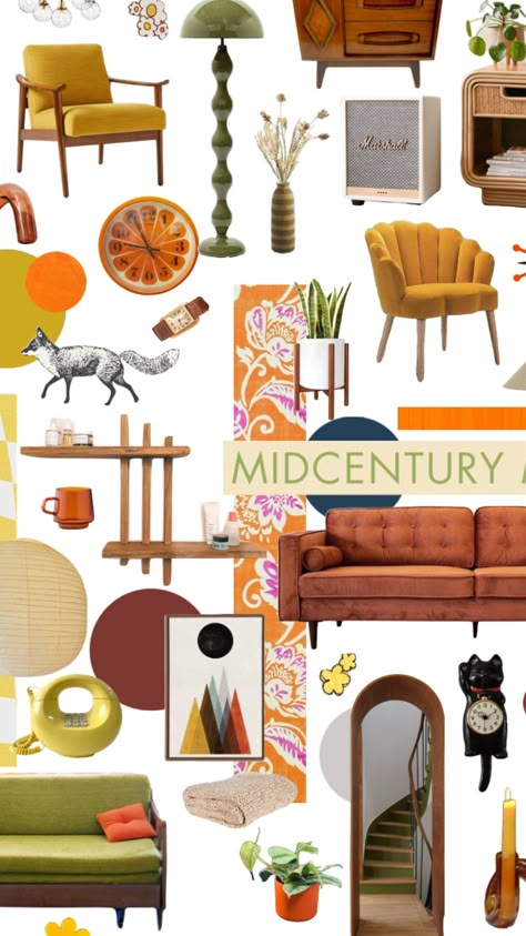 #retro #midcenturymodern 70s Aesthetic Decor Retro, Funky Midcentury Modern, Modern Retro Mood Board, Retro Interior Design 1970s Mid Century, 60s House Interior Retro, Midcentury Apartment Aesthetic, Mood Board Mid Century Modern, 60s Aesthetic Home Decor, 60s Aesthetic Home