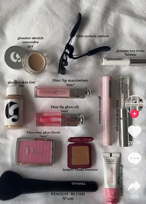 makeup collection | 🌸 Natural Makeup Essentials, All I Need Makeup, Clean Girl Makeup Products, Glossier Outfit, Clean Girl Essentials, Cheap Makeup Products, Glossier Mascara, Skincare Routine Products, No Make Up Make Up Look