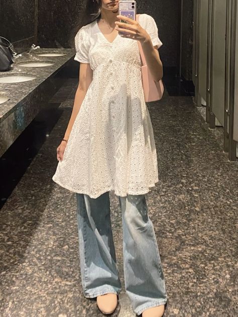 Babydoll Dress Outfit, Dress Over Jeans, Modest Girly Outfits, Dress Over Pants, White Babydoll Dress, Baggy Dresses, White Babydoll, Cute Modest Outfits, Stylish Short Dresses