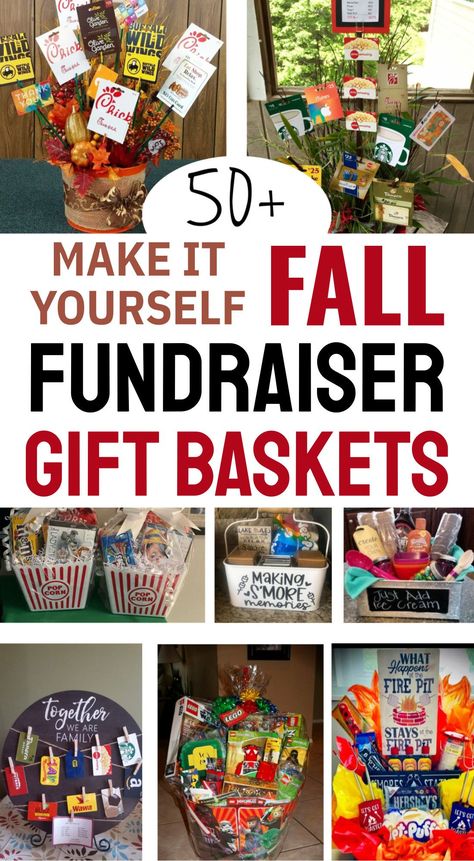 50 Fall Fundraiser Gift Baskets To DIY - we're having a school Fall Festival auction around Halloween and these are creative raffle basket ideas! Fundraising Gift Ideas, Booze Basket Fundraiser, Family Fun Auction Basket Ideas, Carnival Raffle Basket Ideas, Halloween Auction Basket, Fall Festival Auction Baskets, Gift Baskets To Raffle Off, Fall Festival Gift Basket Ideas, Fall Fundraiser Ideas Gift Baskets