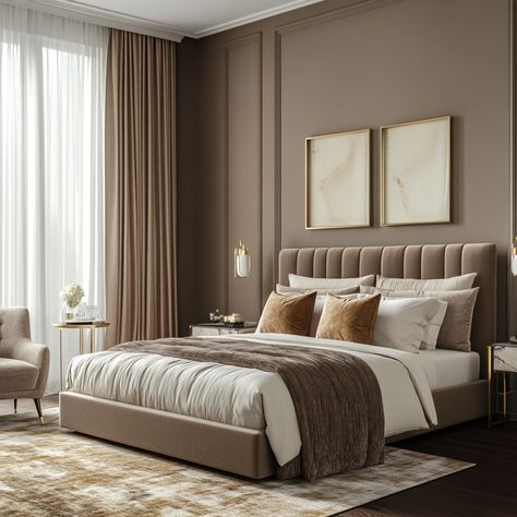 Mocha Interior Design, Mocha Mousse Bedroom, Mocha Bedroom Ideas, Mocha Bedroom, Taupe Bed, Champagne Bedroom, Elegant Modern Bedroom, Chocolate Bedroom, Bronze Bedroom