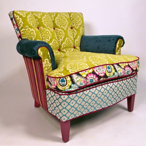 Funky Armchairs, Patchwork Chairs, Armchairs Uk, Patchwork Chair, Paint Upholstery, Funky Chairs, Upholstered Chair, Colorful Chairs, Funky Furniture